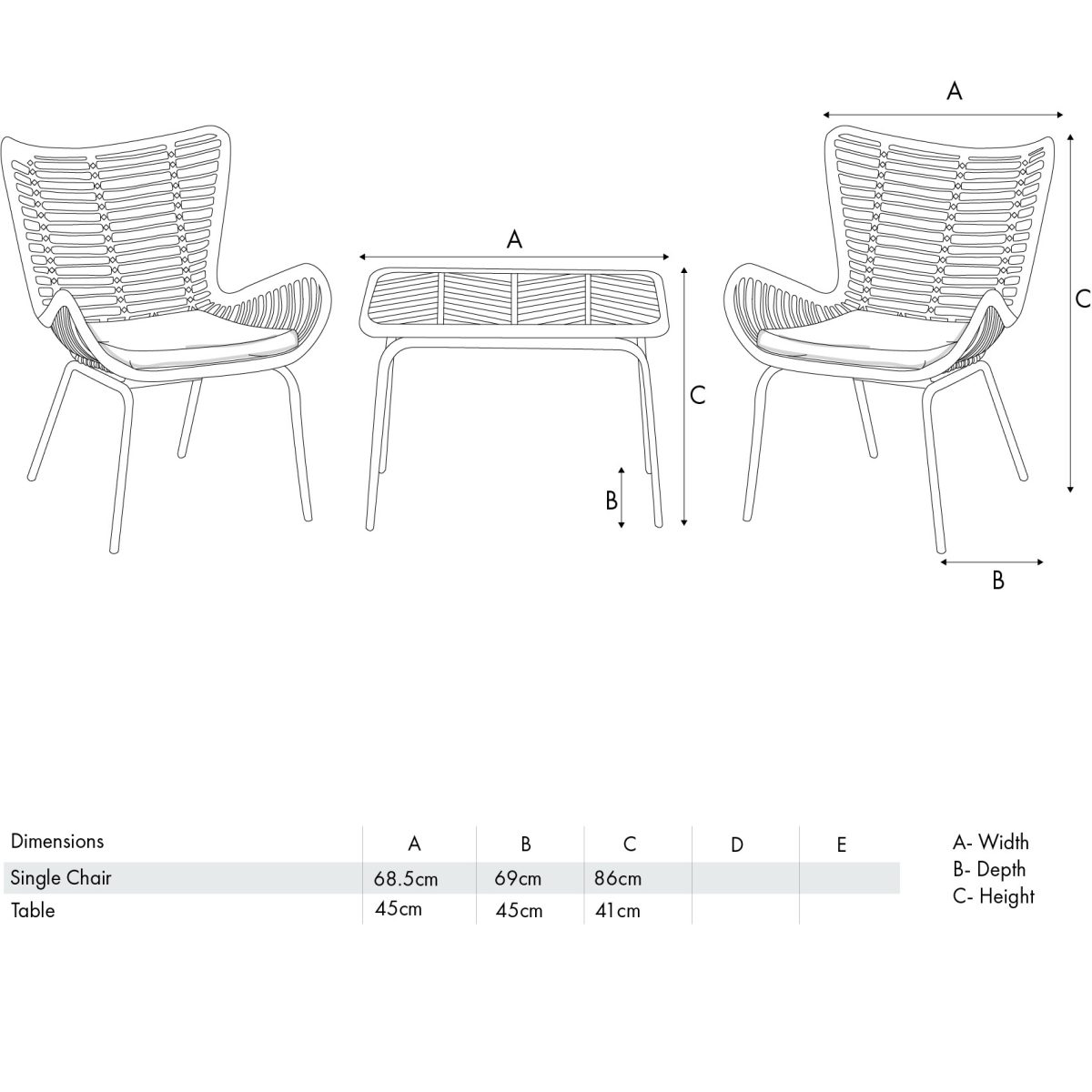 fairfield bistro set measurements