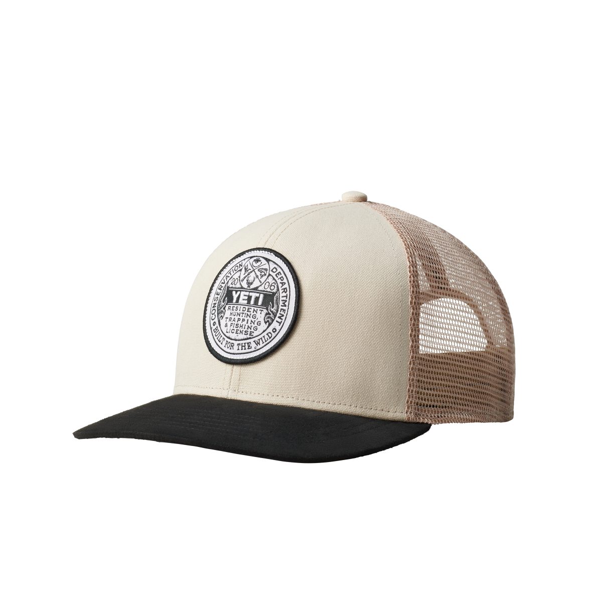210173 Fall Apparel DealerImages YETI F21 Hats Trapping License Mid Pro Trucker Hat Sharptail Taupe Black Front 3Qtr 0533 Layers F 2400x2400 1