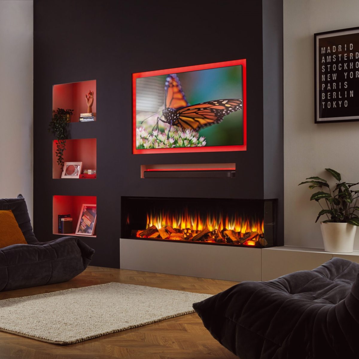 iRange i1500e Deep Media Wall Red LED with Quartered Split Logs TV background scaled 1